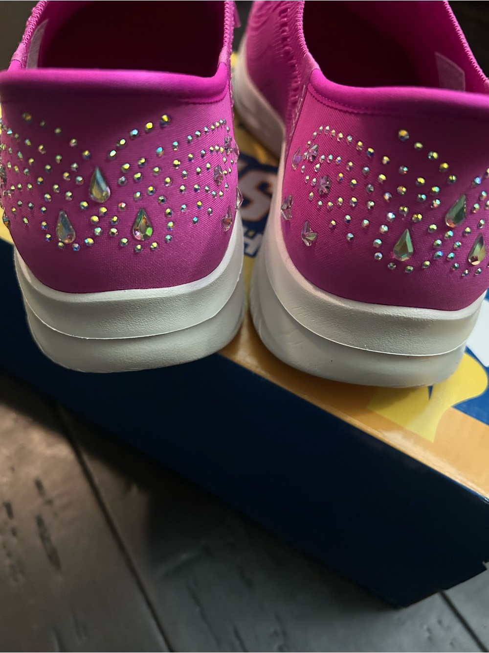 Skechers Women’s Hot Pink Stretch Knit Slip-On Sneakers with Rhinestone Heel - Picture 6 of 10